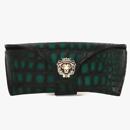 Deep Cut Smokey Green Leather Looped Closure Eyewear Glasses Cover With Metal Lion by Brune & Bareskin-FS