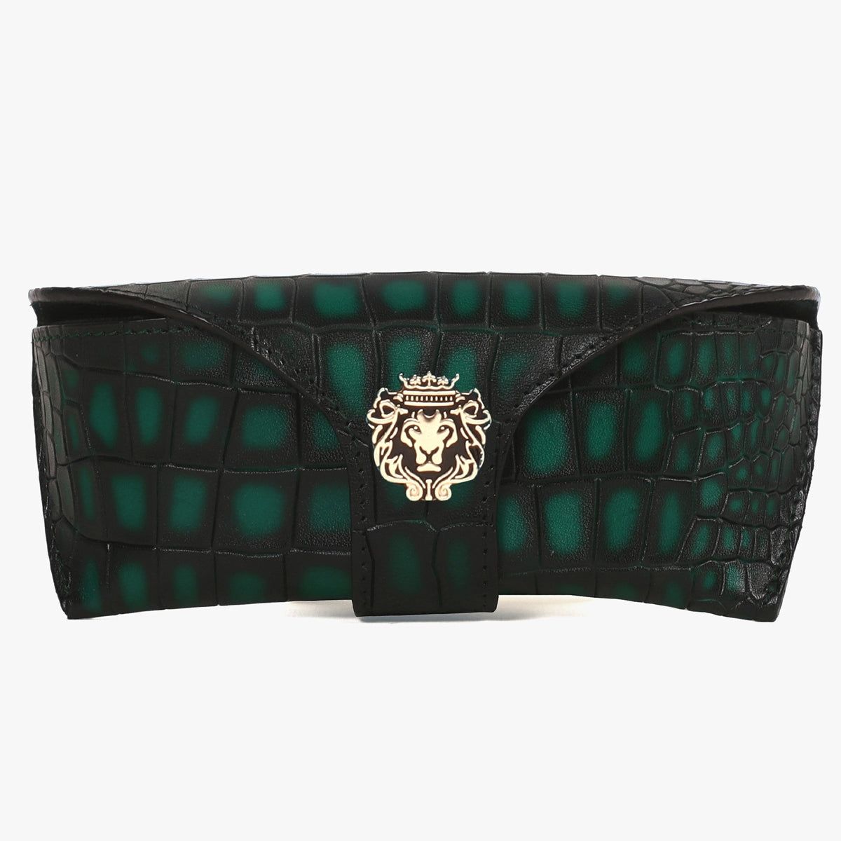 Deep Cut Smokey Green Leather Looped Closure Eyewear Glasses Cover With Metal Lion by Brune & Bareskin-FS