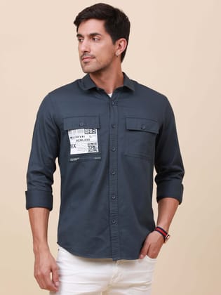 Navy Solid Double Pocket Shirt-S