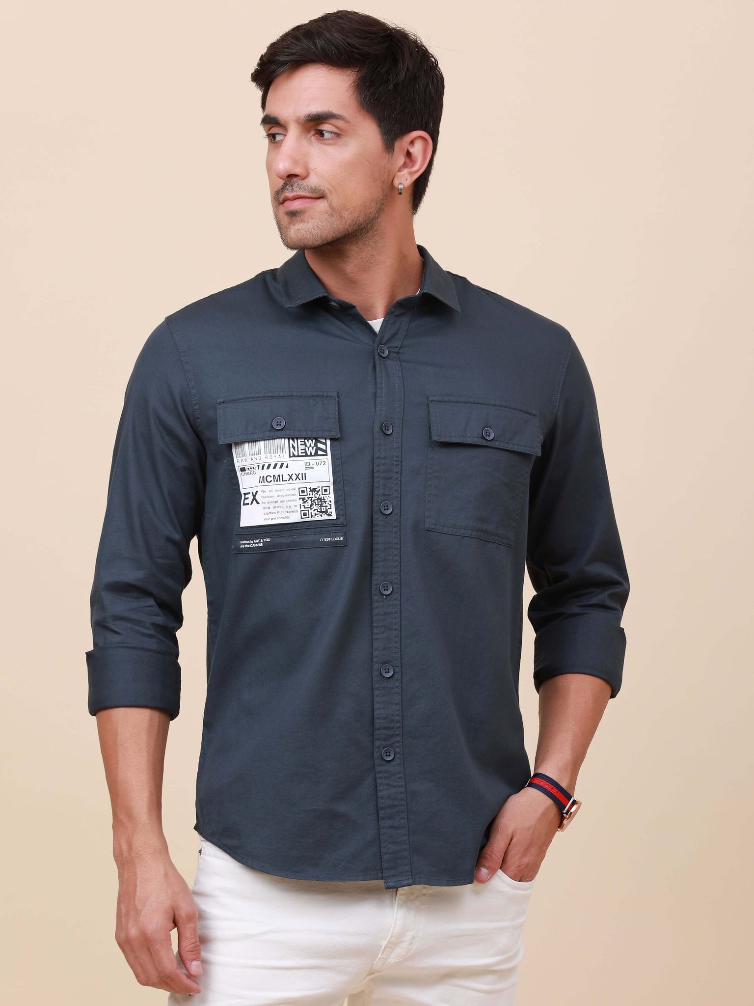 Navy Solid Double Pocket Shirt-S