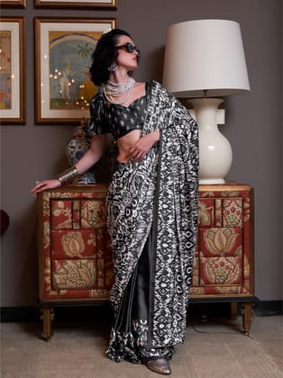 Black & White Pure Satin Crepe Printed Bollywood Saree