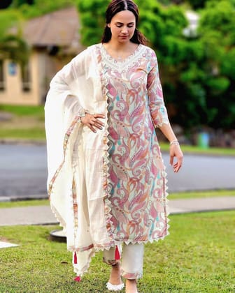 Mirror work Digital Print Kurti Pant Dupatta Set (Stitched)-Free Size (Alter Upto 44)