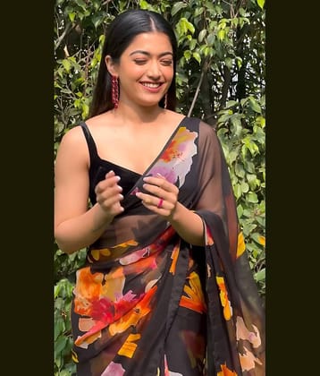 Gazal Fashions Georgette Printed Saree With Unstitched Blouse Piece ( Multicolor )