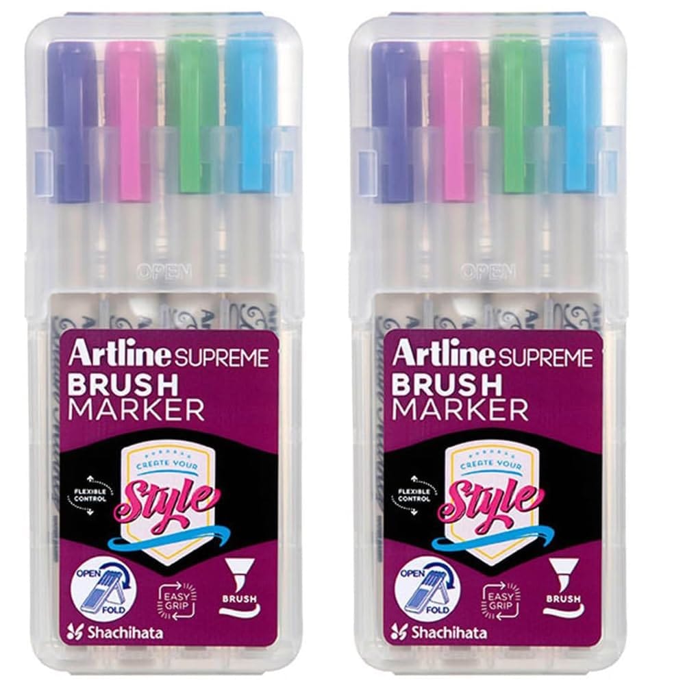 Artline Supreme Brush Marker Set of 4 of Purple, Pink, Light Blue & Yellow Green vibrant Colours x 2 Packs | Popular Tool Among Artists And Designers