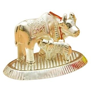 Sparkling Decorative Kamdhenu Cow and Calf Showpiece Set  Elegant Small Size Accent Piece (Silver kamdhenu Cow with calf-17)
