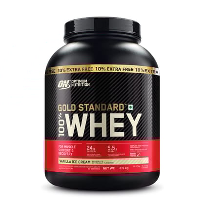 Optimum Nutrition (ON) Gold Standard 100% Whey Protein Powder 5 lb (+10% Extra), 2.5 kg (Vanilla Ice Cream), for Muscle Support & Recovery, Vegetarian - Primary Source Whey Isolate