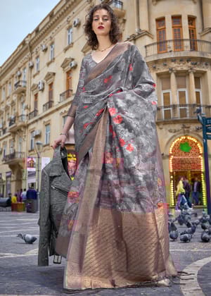 Frost Grey Printed Banarasi Soft Silk Saree