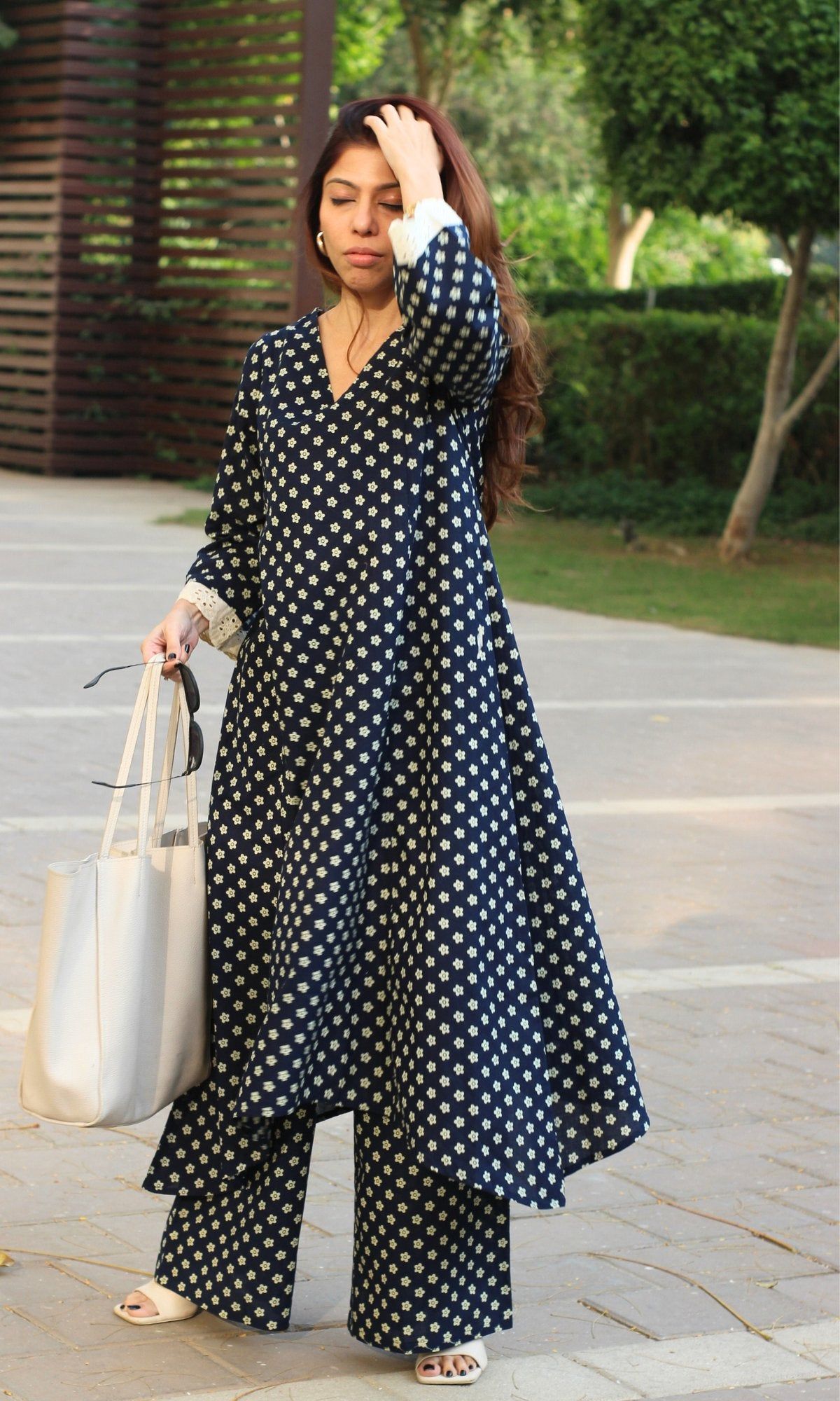 Cotton Navy Blue Flower Print High Low Kurta with Palazzo-L