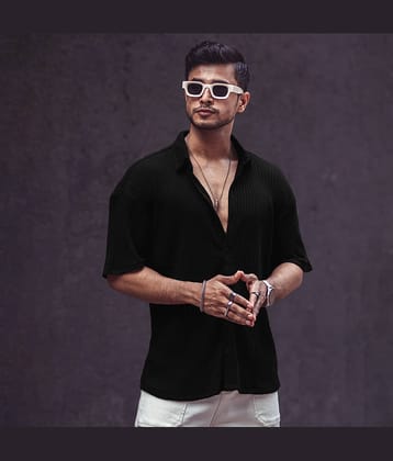 Eyebogler Polyester Oversized Fit Striped Half Sleeves Men's Casual Shirt - Black ( Pack of 1 )