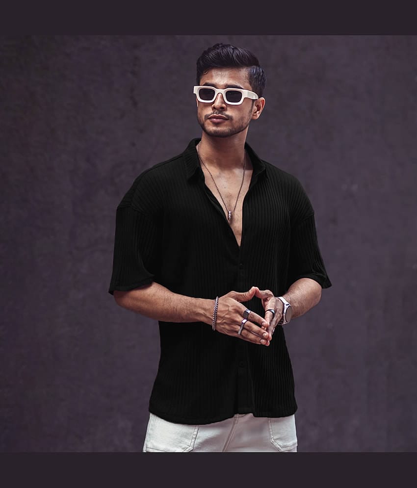 Eyebogler Polyester Oversized Fit Striped Half Sleeves Men's Casual Shirt - Black ( Pack of 1 )