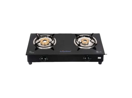 Surya Flame Splendor 2 Burner Gas Stove with Glass Top, Brass Burners, 69%+ Thermal Efficiency & Toughened Glass, 2 Years Warranty - Black