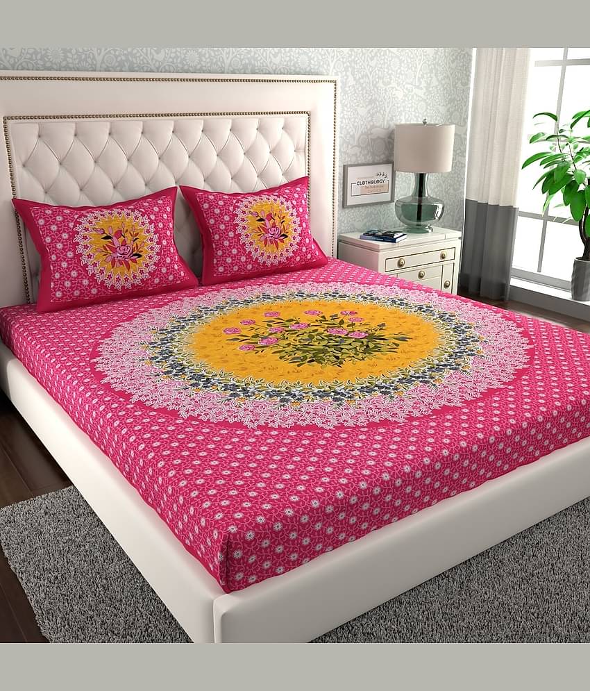 ABHACLOTHO Cotton 1 Double Bedsheet with 2 Pillow Covers ( Pink )