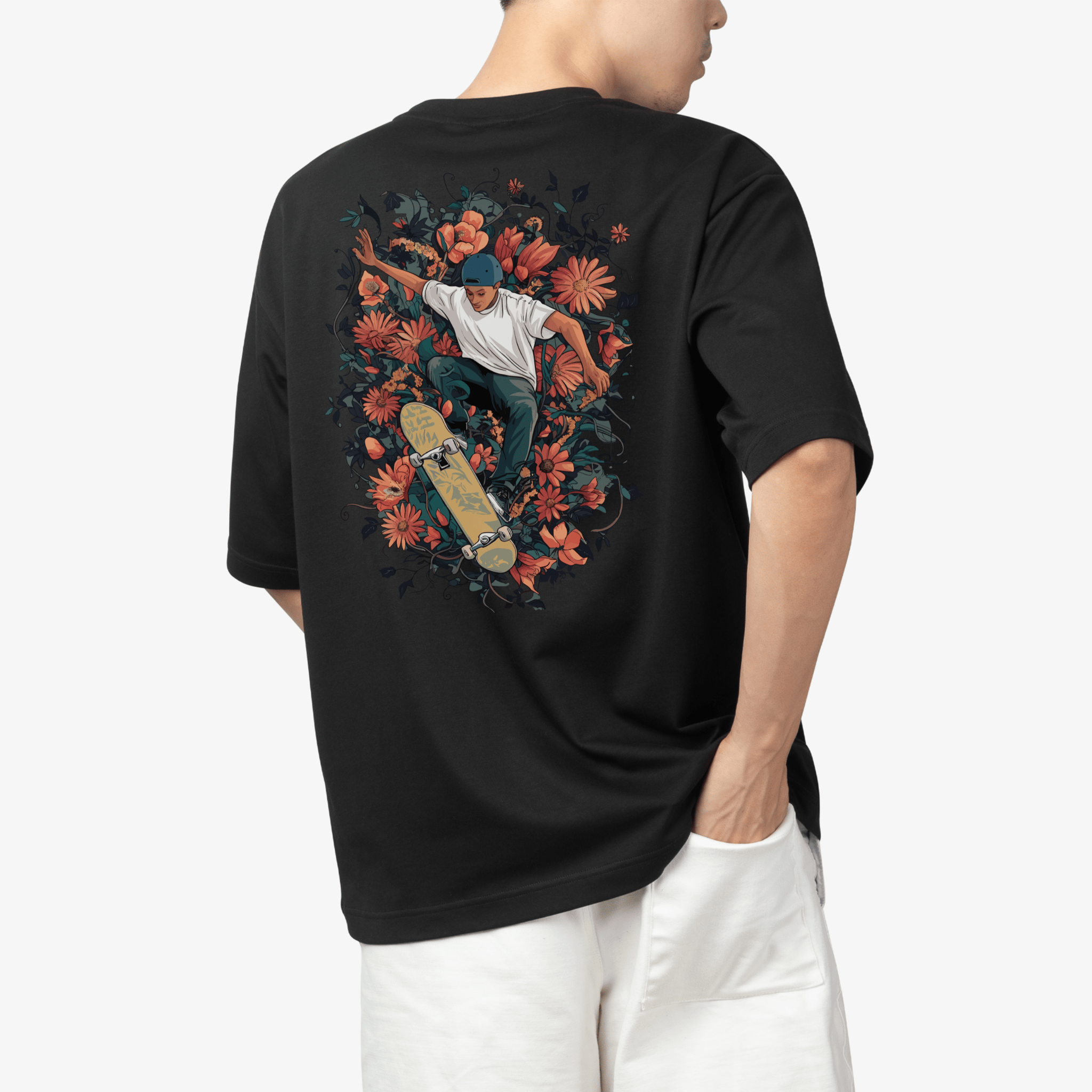 RASB’s Blossom Skater T-Shirt - Round Neck Drop Shoulder Graphic Printed Oversized Cotton T-shirt-S
