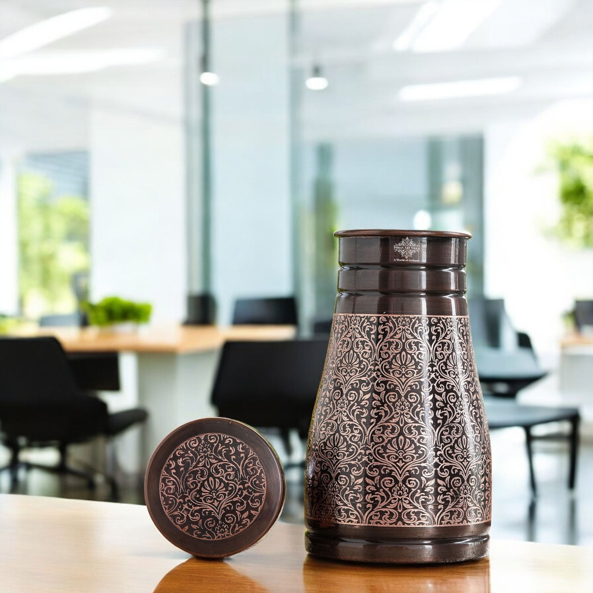 Pure Copper Embossed Bedroom Bottle With Inbuilt Glass-DarkEmbossed