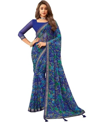 Nandini Creation Chiffon Printed Saree With Unstitched Blouse Piece ( Blue )