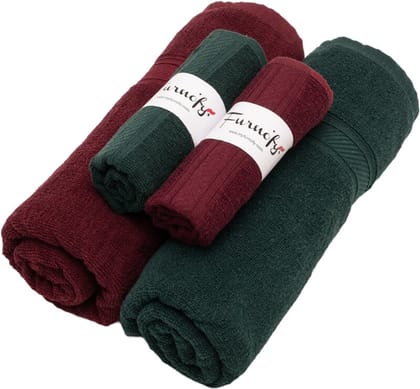 Furnofy Cotton 450 GSM Bath, Hand Towel Set Maroon, Green (Pack Of 4)