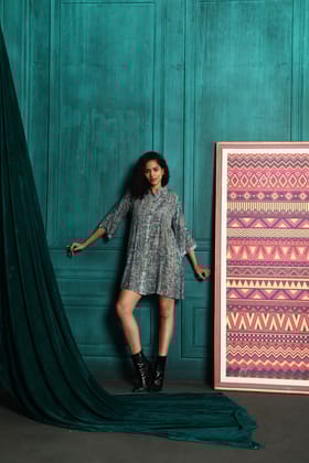 Indigo digital print Kurti with band collar  and pintuck detailing in front-M