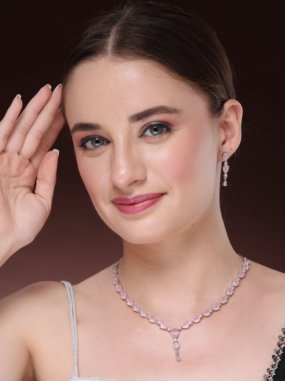 NVR Women's Silver-Plated Pink CZ-Studded Handcrafted Jewellery Set-Onesize / Pink / Brass