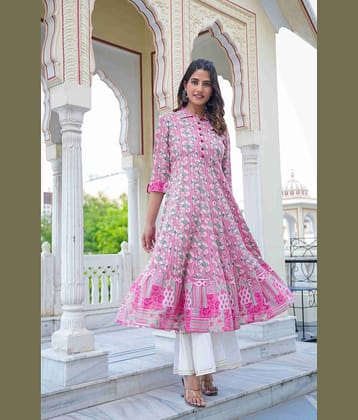 Yash Gallery Rayon Printed Anarkali Women's Kurti - Pink ( Pack of 1 )