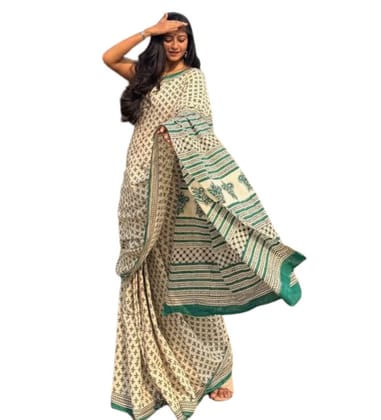 Women's Linen Printed Saree With Unstitched Blouse - 5.5 Mtr (Off White)