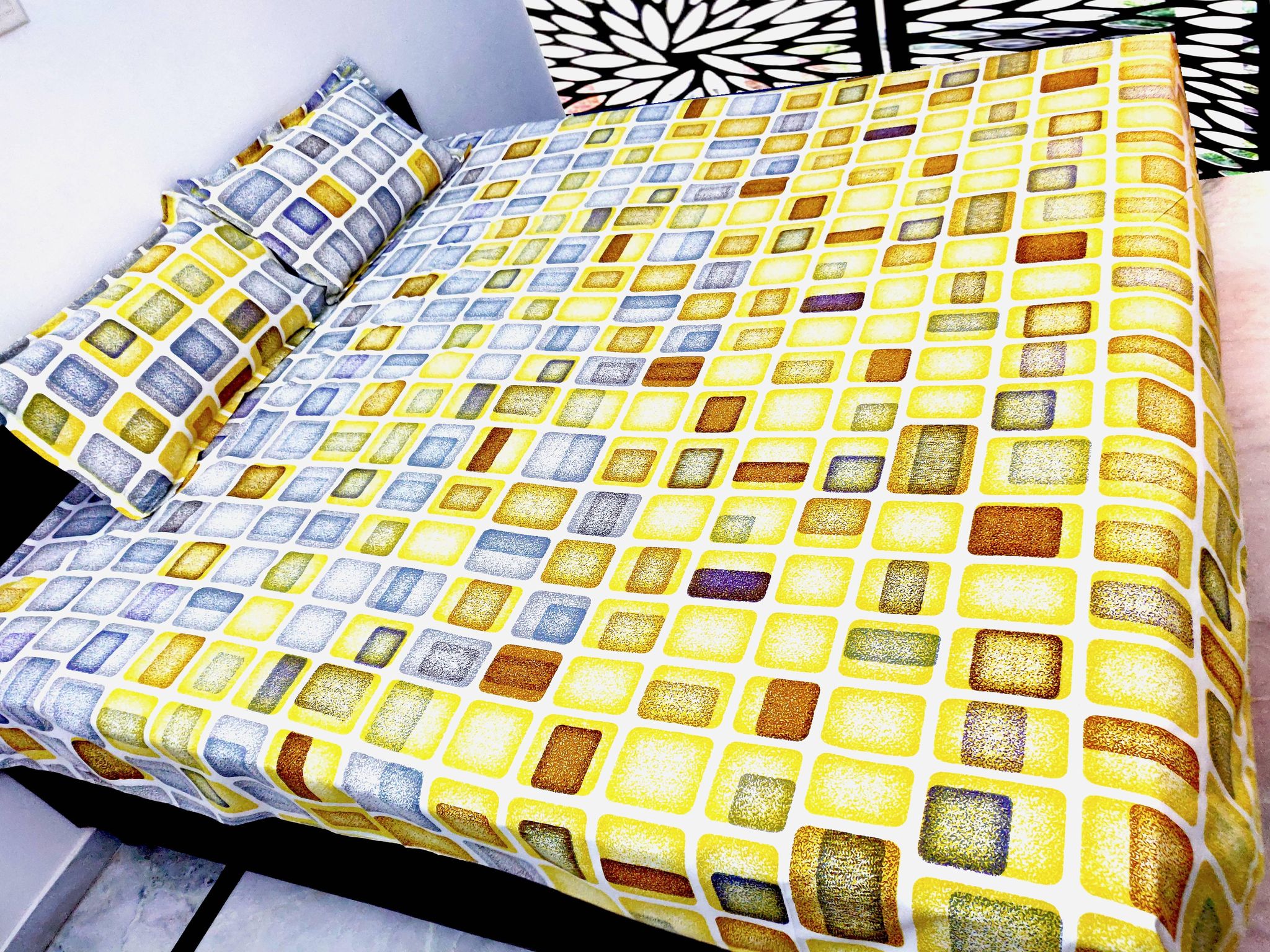 100% Cotton Satin 250 TC Printed Multicolor Double Bedsheet with 2 Pillow Covers – Yellow - 90 X 100 Inches (7.5 x 8.3 Feet) by Omkar by R3 Inc.