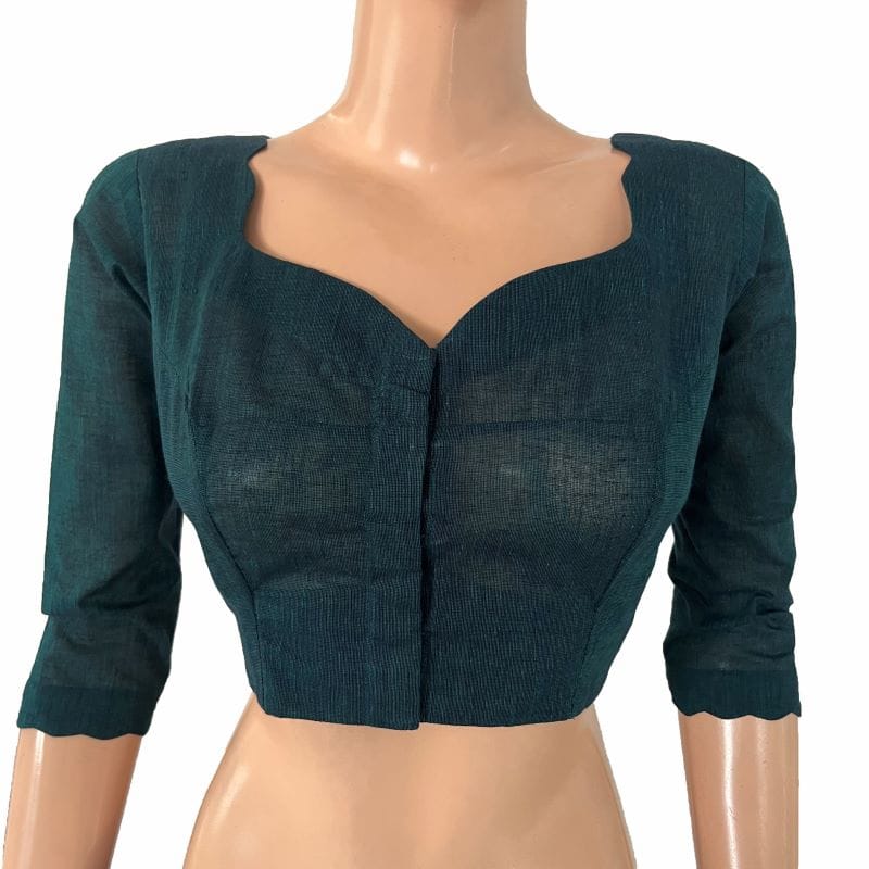 Handloom South Cotton Scallop neck Blouse with 3/4 sleeves , Teal Green, BH1297-S