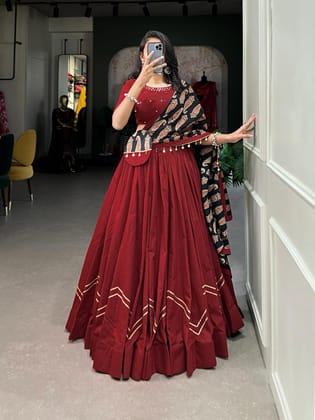 Pure Cotton Gamthi Kodi Work Navratri Special Chaniya Choli-Maroon