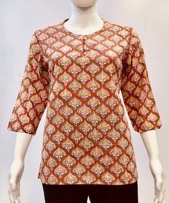 Peach handblock printed cotton top