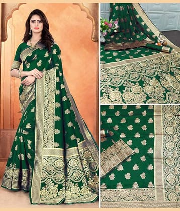fab woven Art Silk Woven Design Kanjeevaram Sarees With Unstitched Blouse Piece ( Green )