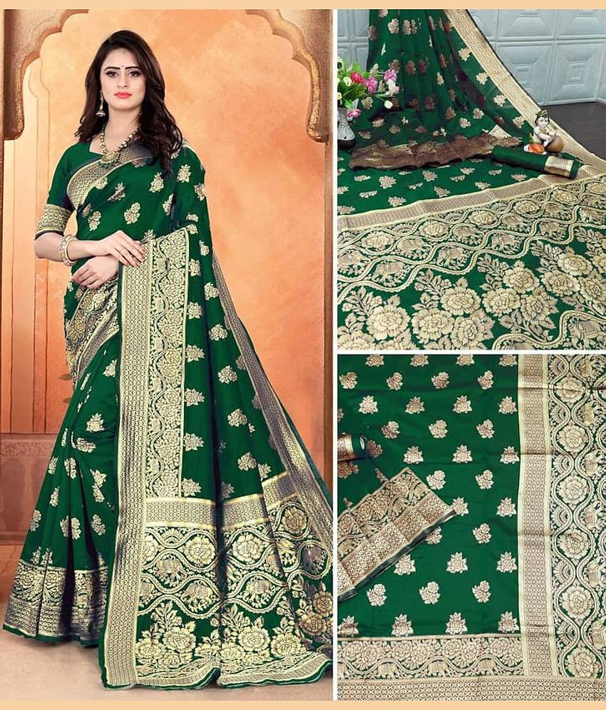 fab woven Art Silk Woven Design Kanjeevaram Sarees With Unstitched Blouse Piece ( Green )