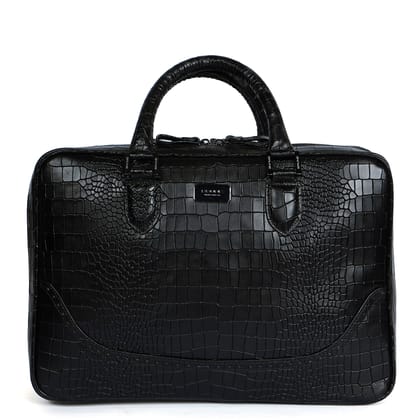 Brogue Detailing Laptop Office Briefcase in Black Croco Textured Leather-FS
