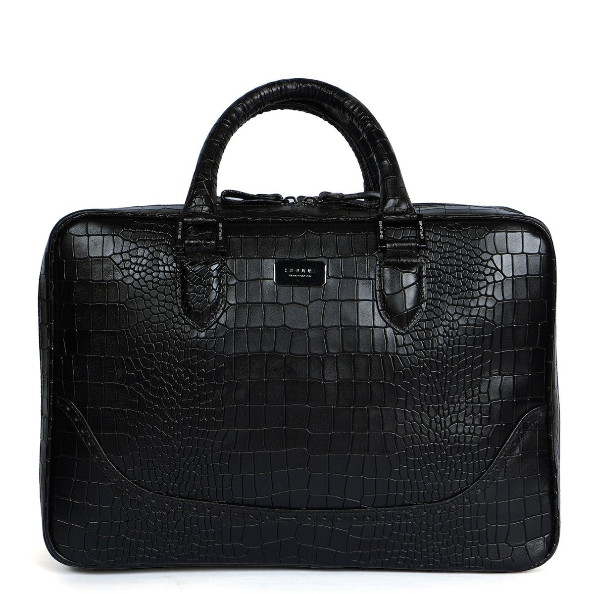 Brogue Detailing Laptop Office Briefcase in Black Croco Textured Leather-FS