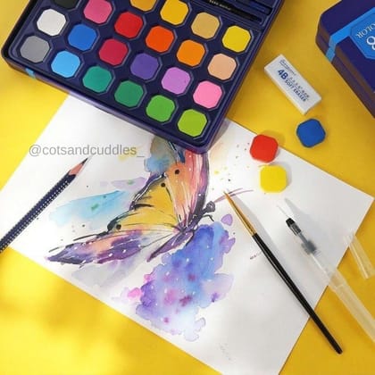 Watercolor Cakes Set - 24 Colors with brush and water pen