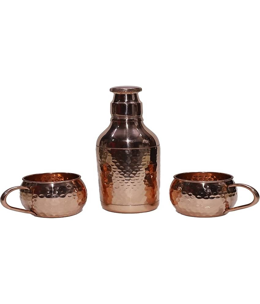 Hammered Premium Copper Water Bottle & Mug Set, 1.5 Litre with 2 Copper Mug, Gift Set.