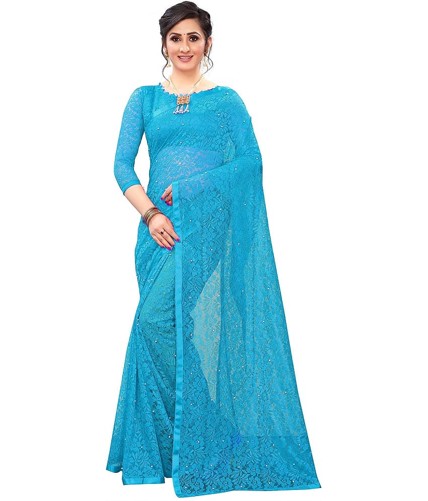 Indy Bliss Net Saree With Unstitched Blouse Piece ( SkyBlue )