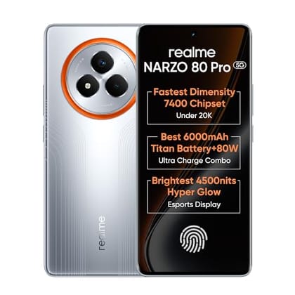 realme NARZO 80 Pro 5G (Speed Silver,12GB+256GB) | Segment's 1st MediaTek Dimensity 7400 Chipset | 6000mAh Titan Battery + 80W Ultra Charge | 4500nits HyperGlow Esports Display | IP69 Waterproof Speed Silver / 12+256