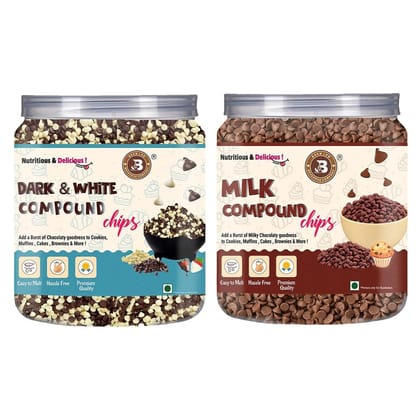 Brew Lab Dark & White Chocolate Chips & Milk Chocolate Chips | for Cake toppings Cooking & Baking Chips for Cakes, Cookies, Brownies, Muffins, Pancakes | Decoration & Baking | 500 gm x 2