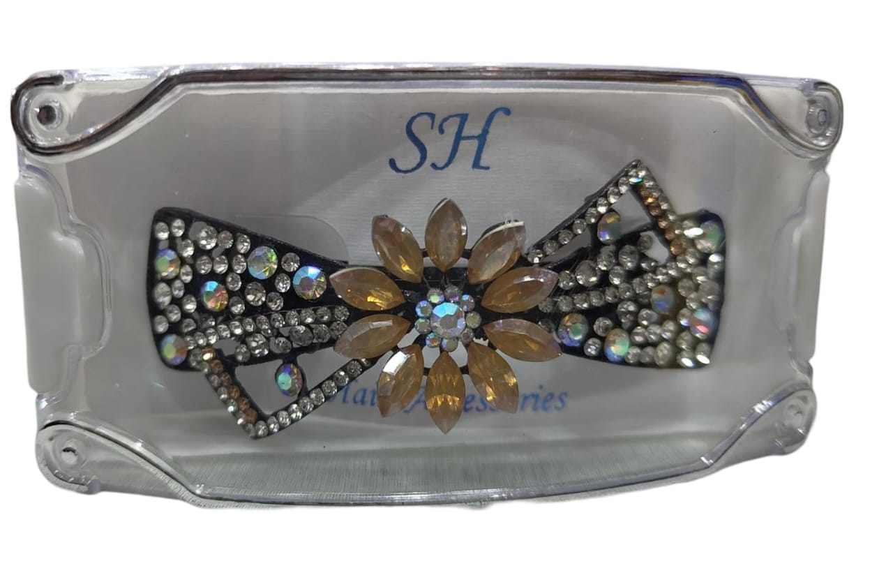 Black and Amber Rhinestone Bow Hair Clip