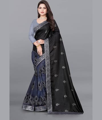 JULEE Silk Blend Embroidered Saree With Unstitched Blouse Piece ( Black )