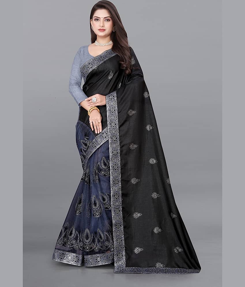JULEE Silk Blend Embroidered Saree With Unstitched Blouse Piece ( Black )