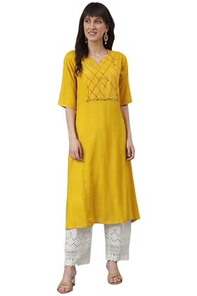 Mustard A-Line Embroidery Kurta-M