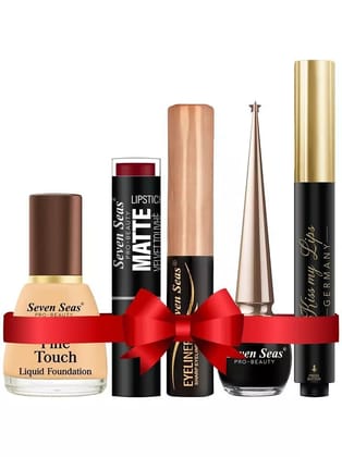 Seven Seas Combo With Liquid Foundation+Matte Lipstick+Eyeliner+Black Eyeliner+Lip Balm Pack of 05