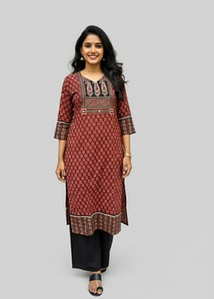 Rivaaj Ethnic Shreya Ajrakh Cotton Straight Kurta (Size 3XL) | Maroon Handblock Print | 3/4th Sleeves | Traditional Women's Ethnic Wear