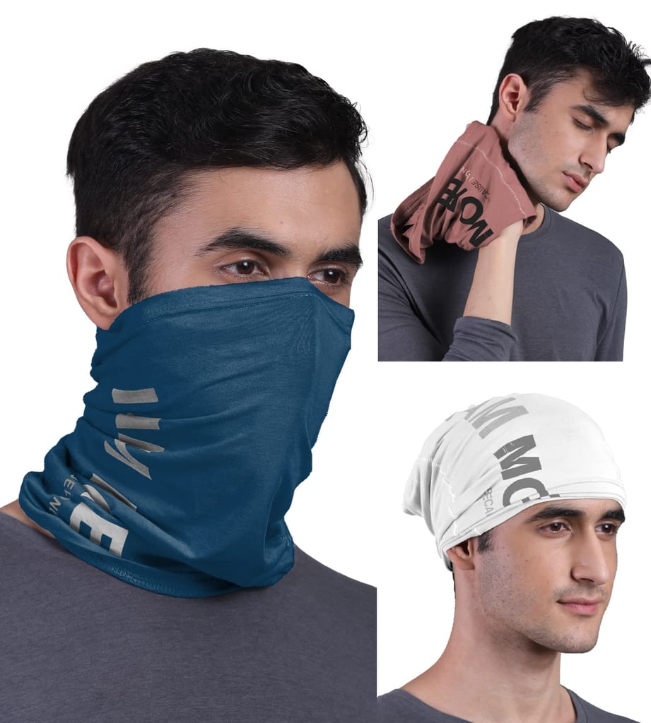 FREECULTR Unisex Bamboo Bandana, Anti Microbial Super Soft & Comfort Fit, Breathable Multipurpose Headband - Printed Pack of 3-Cuban Peach,Sapphire Blue,White