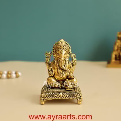 Premium Brass Load Ganesha Sitting on Chowki - 3 Inch Height