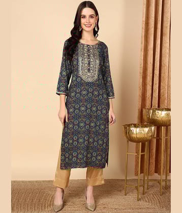 Vaamsi Cotton Blend Embroidered Straight Women's Kurti - Blue ( Pack of 1 )