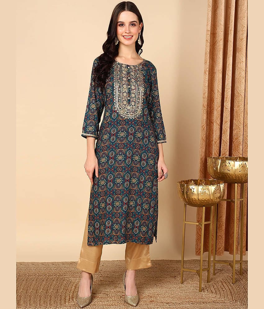 Vaamsi Cotton Blend Embroidered Straight Women's Kurti - Blue ( Pack of 1 )