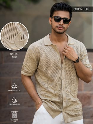 Motif Flatknit Beige Half Sleeve Shirt-S