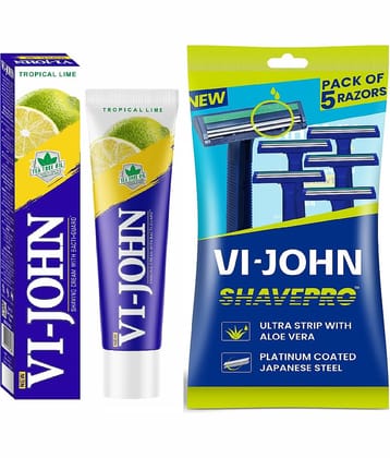 VI-JOHN Tropical Lime Shaving Cream 125g & Shave Pro Twin Blade Disposable Razor 5 PCS -Pack of 2