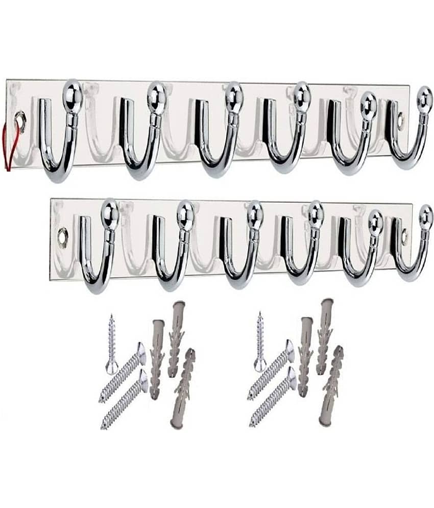 OJASS Stainless Steel & Aluminium Premium Heavy Quality - 6 PIN Goli Cloth Hanger Bathroom Wall Door Hooks with 6 Screw and 6 Grip (Pack of 2 pcs) GHS06SS2L